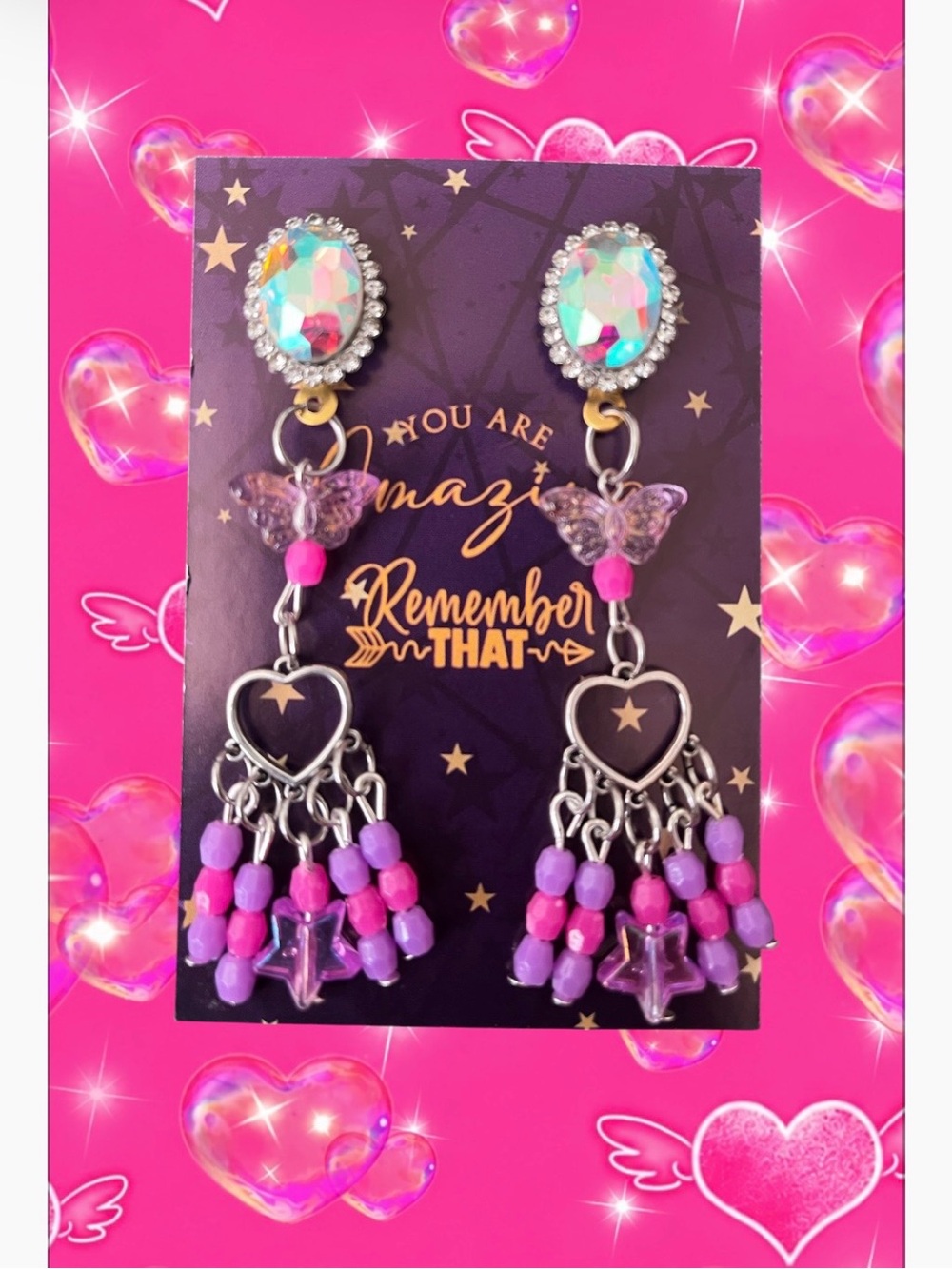 Iridescent Crystal & Pink Butterfly Heart Dangle Earrings - Women Jewelry